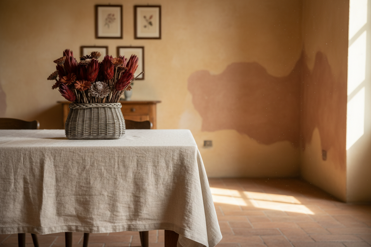 Angled detail view of dried Protea repens cones and solar wood daisy blooms in warm burgundy, amber, and blush tones nestled in a hand-woven grey-wash reed basket, showing warm autumnal dried flower palette and natural woven texture