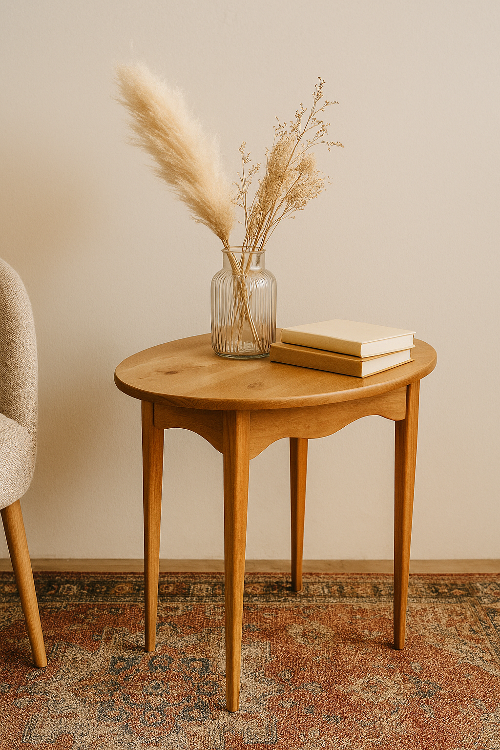 An elegant oval wood side table styled in a warm minimalist room next to an upholstered cream accent chair on a traditional patterned rug. A ribbed glass vase with pampas grass and stacked hardcover books rest on the natural grain tabletop.