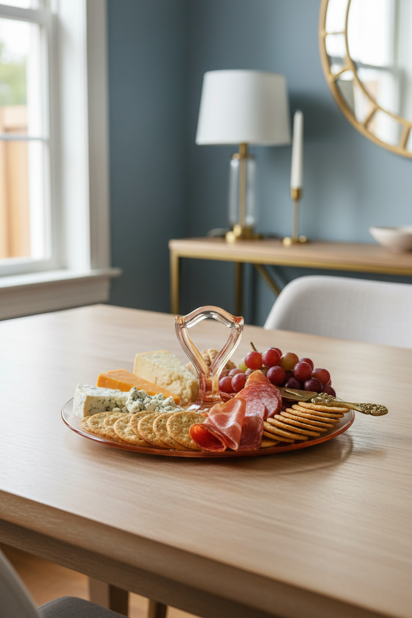 Vintage pink Depression glass center handled tray styled on a wooden dining table with cheeses, crackers, meats, and grapes for entertaining.
