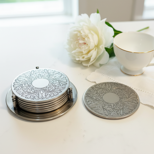 Upscale Silver Filigree Coaster Set Detail