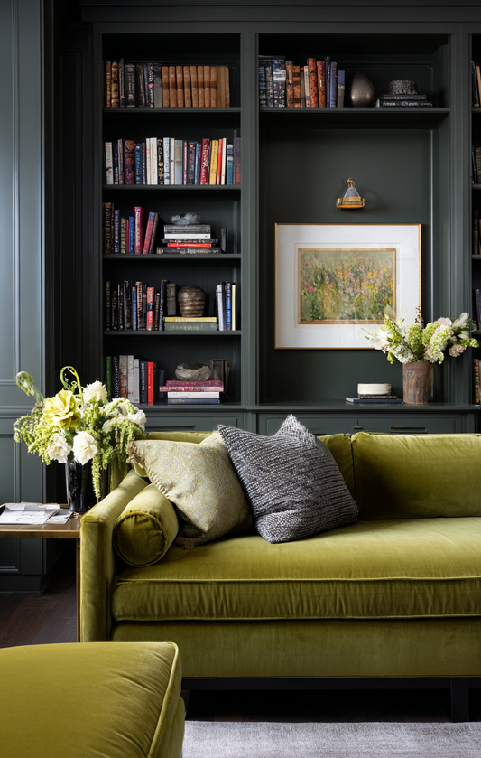 Olive green velvet sofa in a moody, maximalist living room with dark green built-in bookshelves and floral accents.