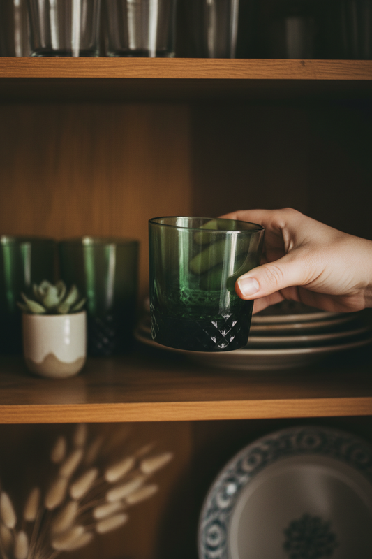 Vintage midcentury modern green lowball glass pulled from a kitchen cabinet for everyday use