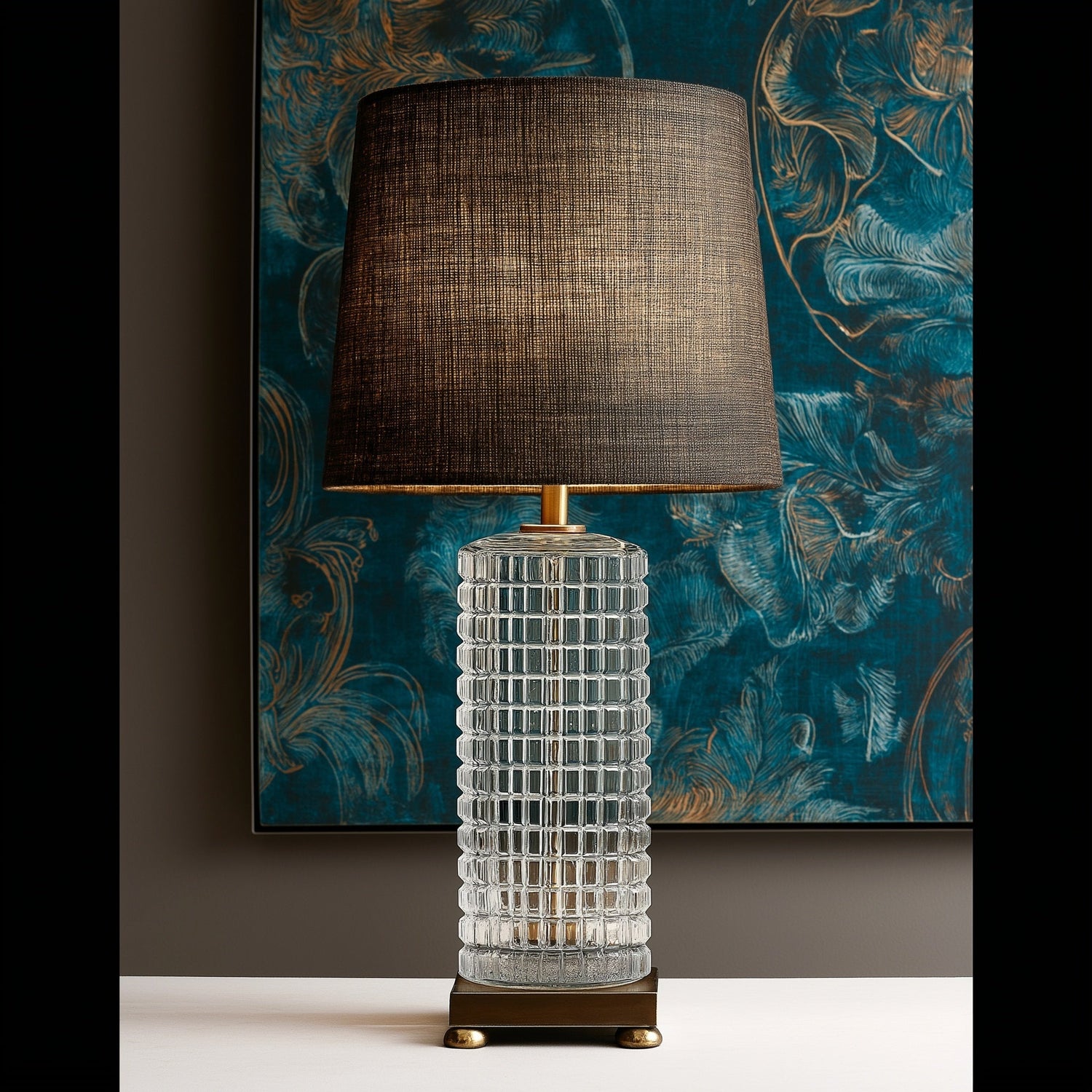 A sculptural table lamp featuring a textured, gridded clear glass cylinder base and a dark woven fabric drum shade, styled against a moody dark academia backdrop with teal and gold abstract wall art.