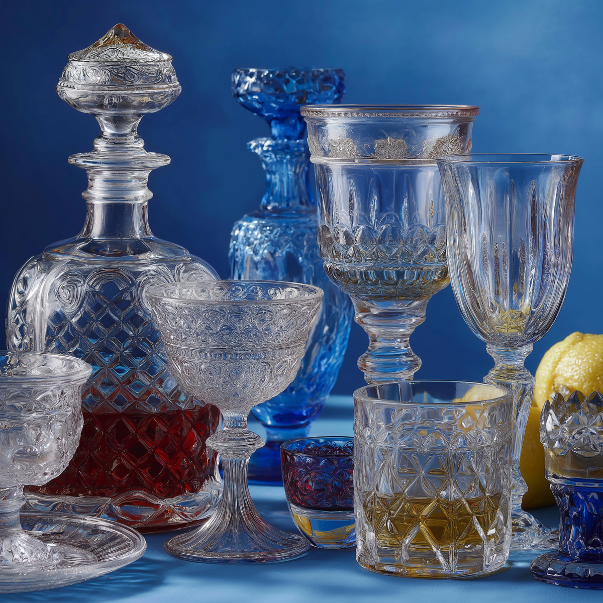 Vintage-style glassware with ornate clear decanters, patterned goblets, a cut-glass tumbler, and blue glass accents against a blue backdrop.