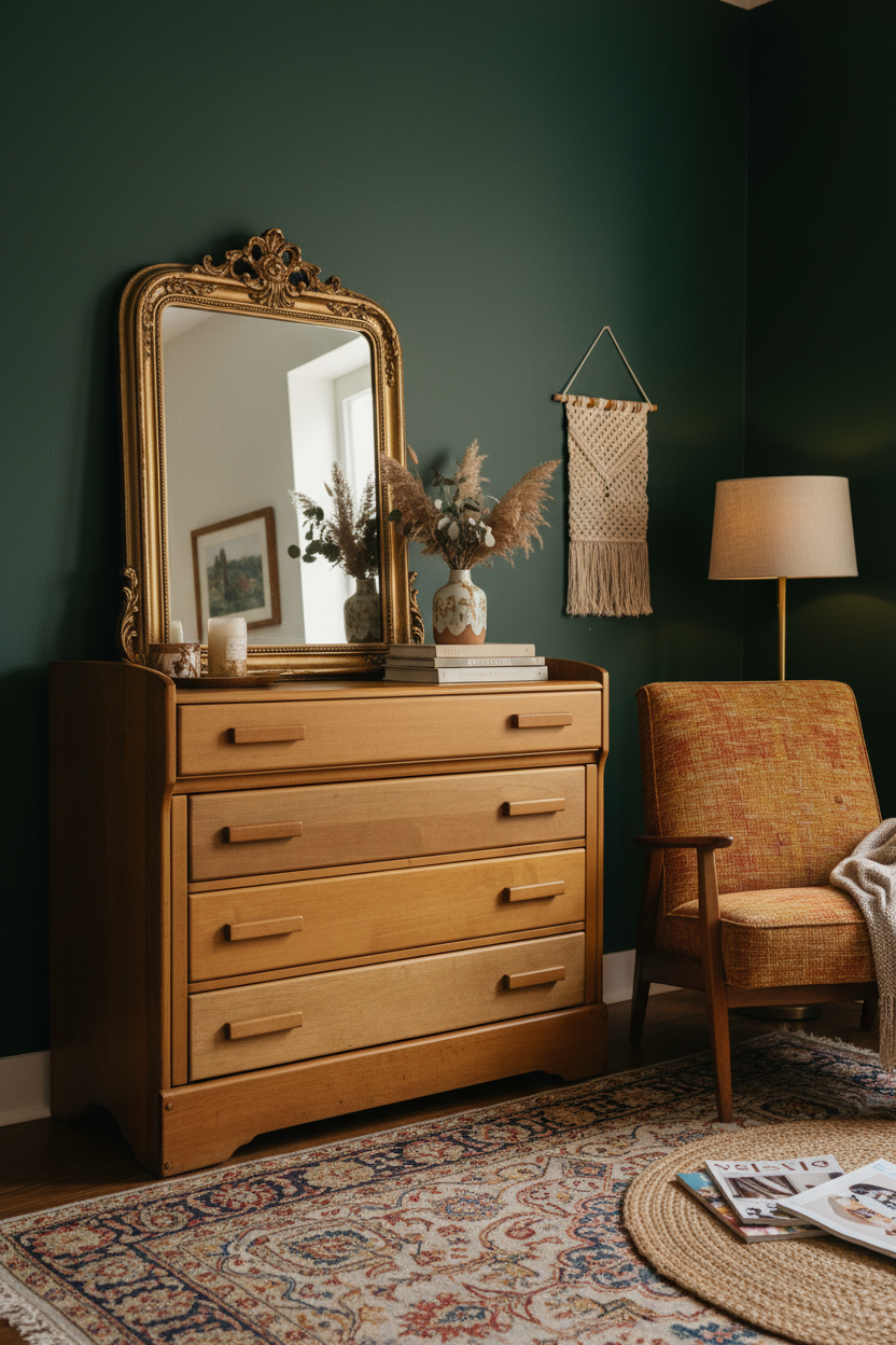 Craftsman four drawer dresser with unique details in a living room with dark green wall, walls, traditional area, rug, and mid-century modern chair with more morning light