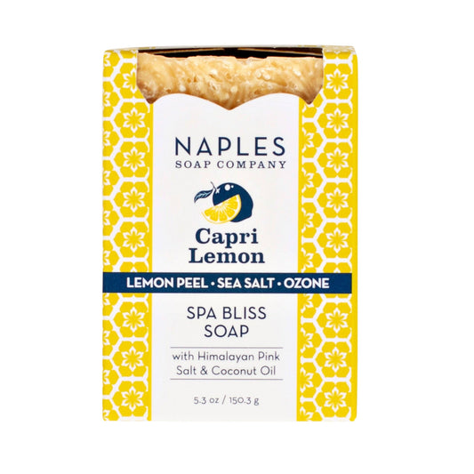 Capri Lemon Spa Bliss Soap with lemon peel, sea salt, Himalayan pink salt, and coconut oil, 5.3 oz.