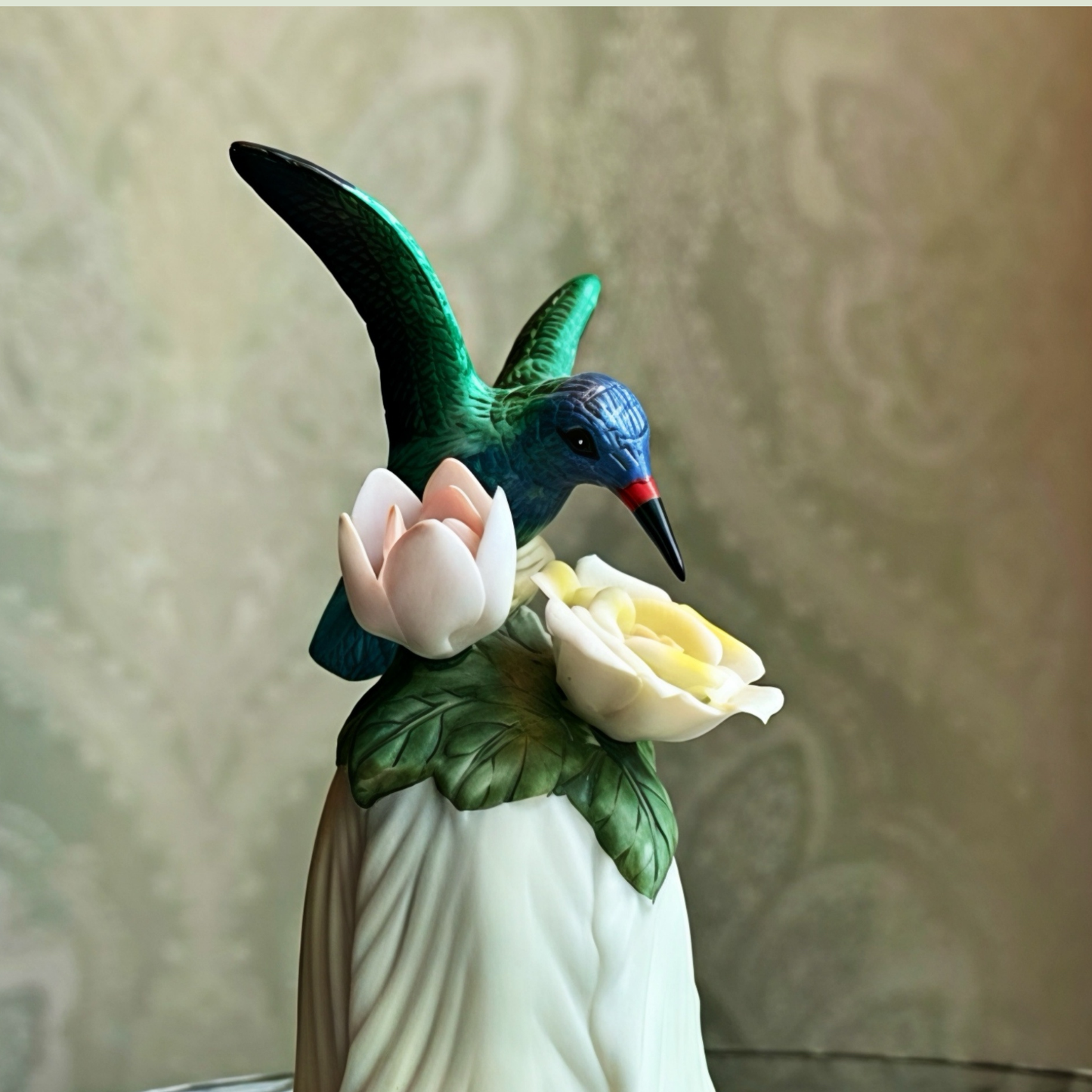 Vintage Porcelain Hummingbird Bell | Hand-Formed Flowers & Blue-Green Bird Figurine