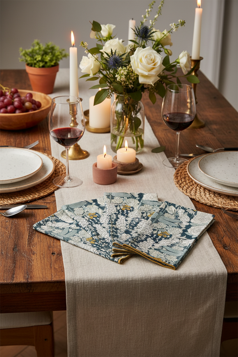 Dragonflies at Twilight cloth napkins fanned on a rustic wood dining table styled with rattan chargers, white stoneware, red wine, candles, and a white rose centerpiece
