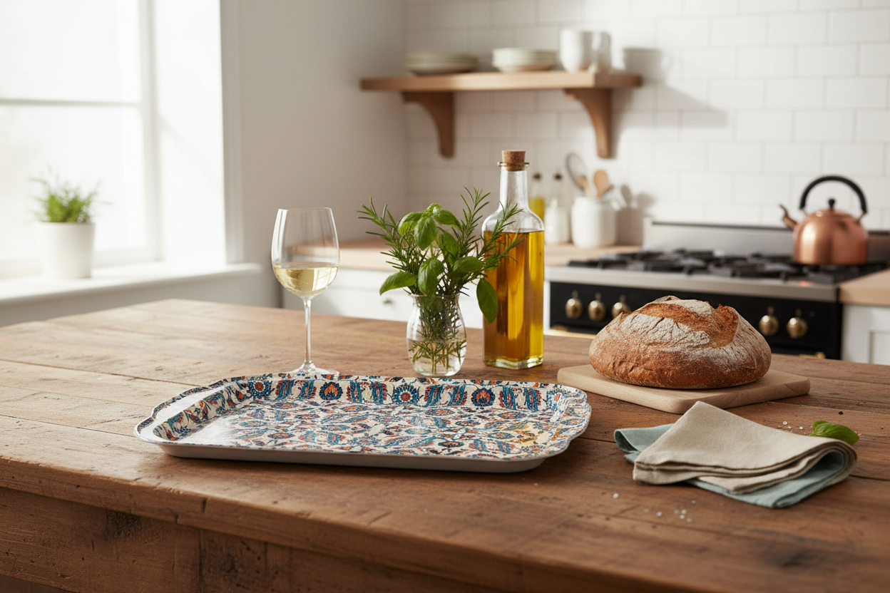Wooden kitchen counter with a floral-patterned tray, bread, wine, and olive oil.