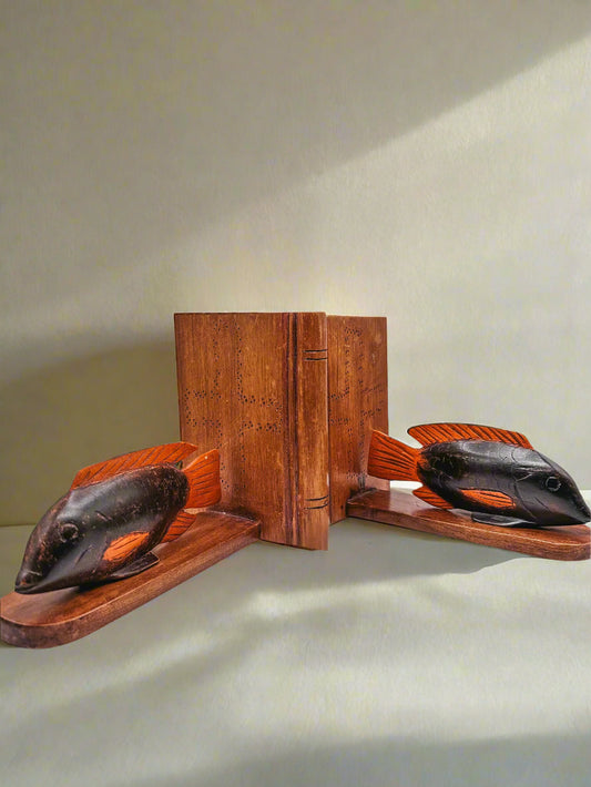 Vintage Wooden Fish Bookends — Hand-Carved