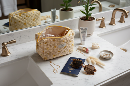 A quilted yellow and white toiletry bag with gold trim sits on a white marble bathroom counter next to a mirror, with travel accessories like a passport, sunglasses, and a necklace nearby.