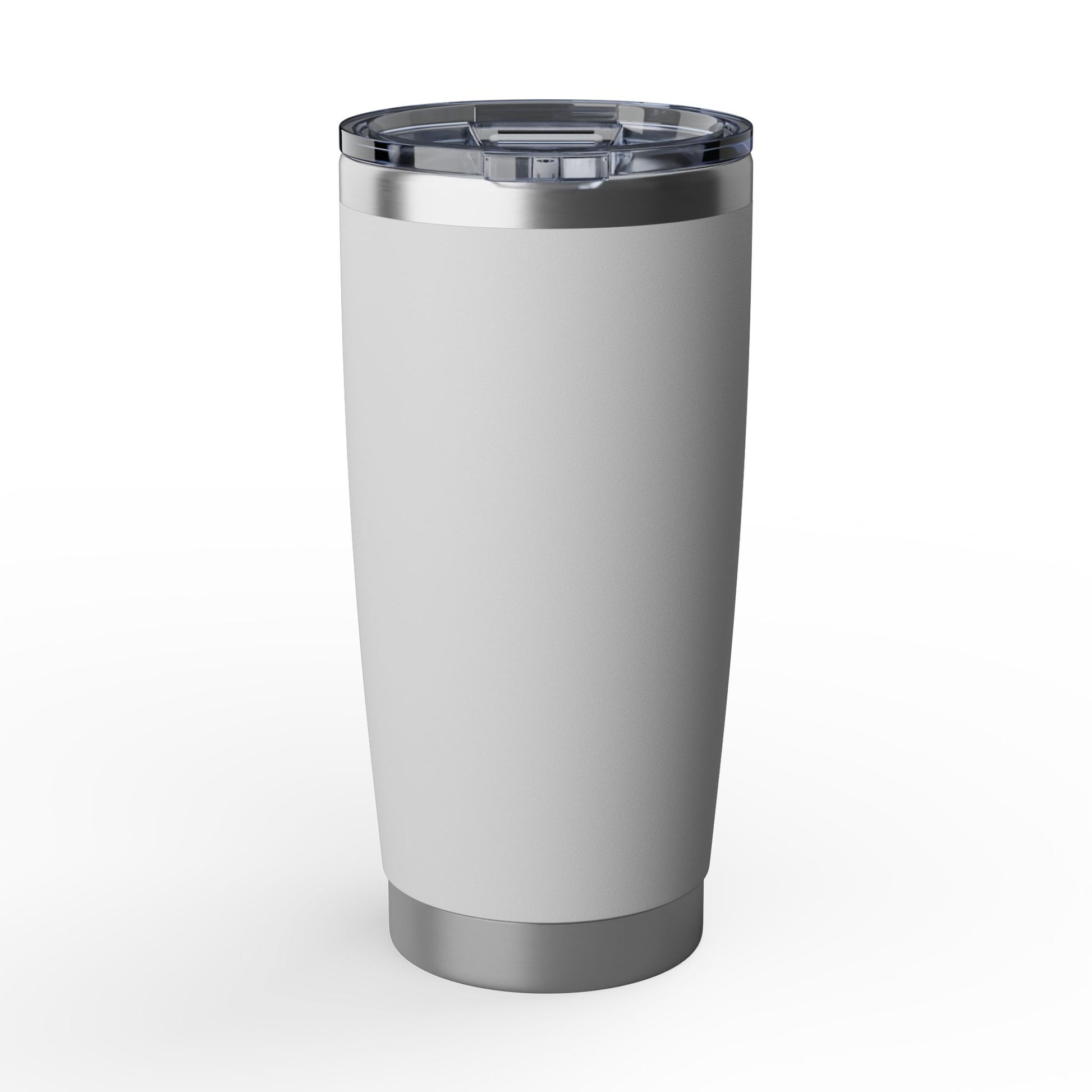 Silver tumbler with a clear lid on a white background