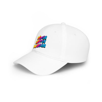 White cap with colorful text on a white background
