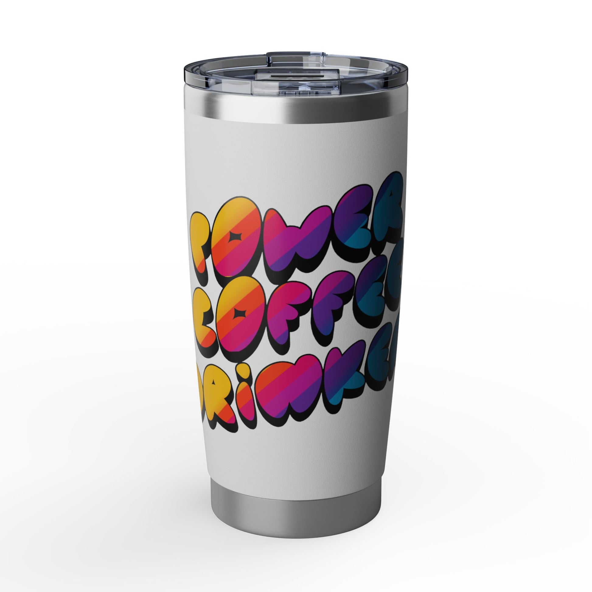 Silver tumbler with colorful text design on a white background
