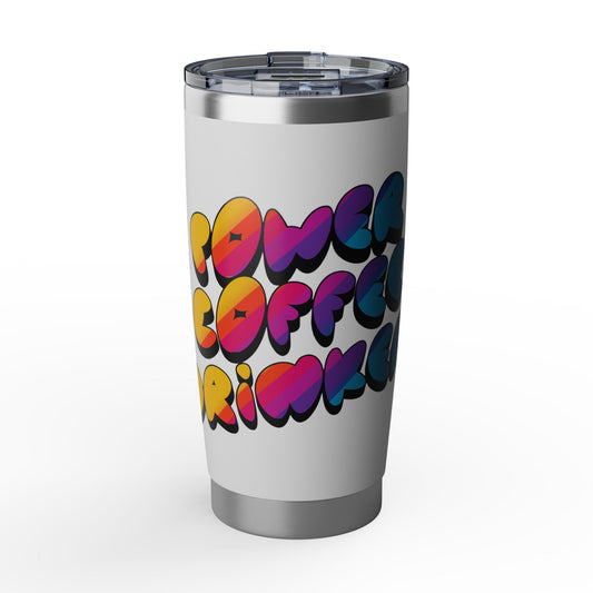 Silver tumbler with colorful text design on a white background
