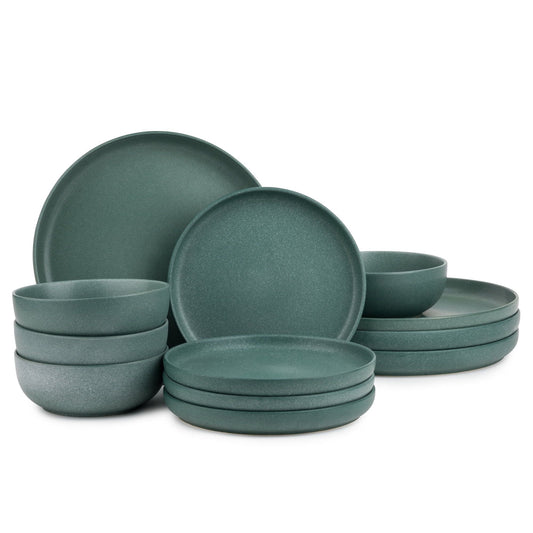 Vintage-Inspired Stoneware Dinnerware Set - 12-Piece Caspian Green Collection