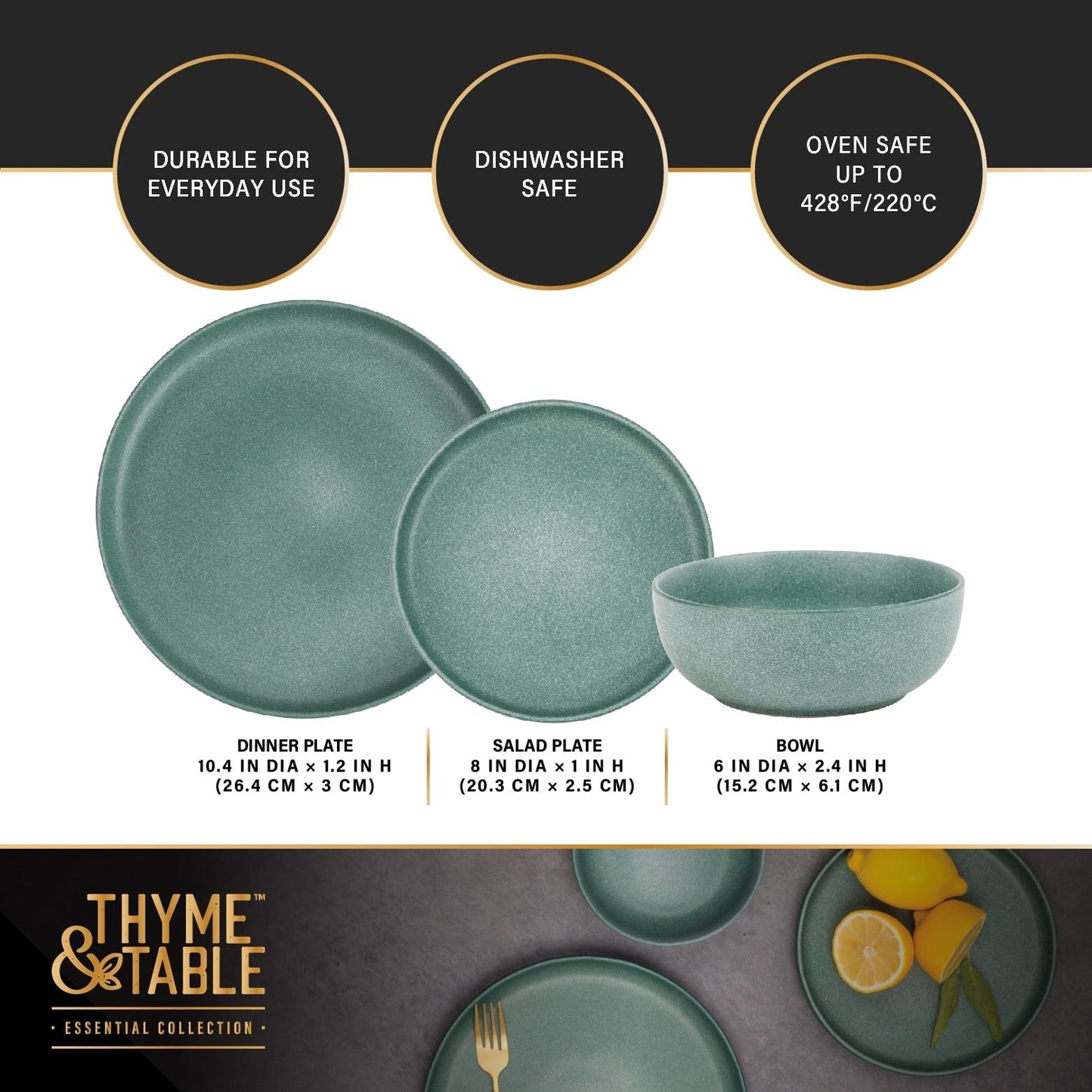 Vintage-Inspired Stoneware Dinnerware Set - 12-Piece Caspian Green Collection