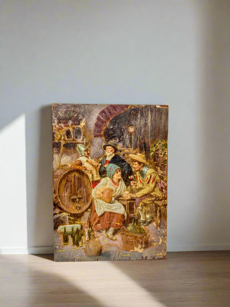 “Tavern Whispers” – Antique European Genre Painting