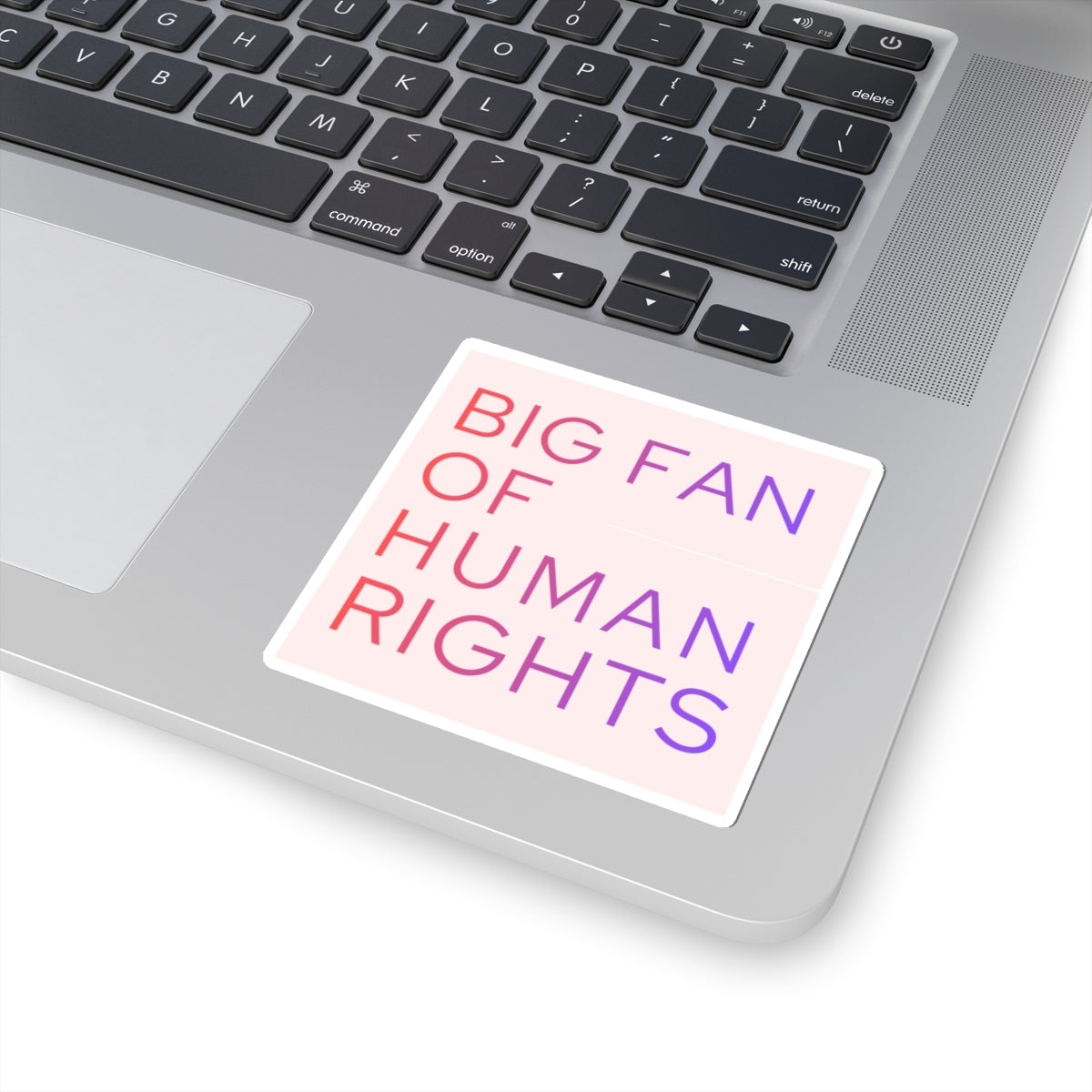 Laptop with a sticker reading 'Big Fan of Human Rights' on the palm rest area.