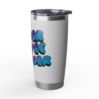 Silver tumbler with colorful text design on a white background