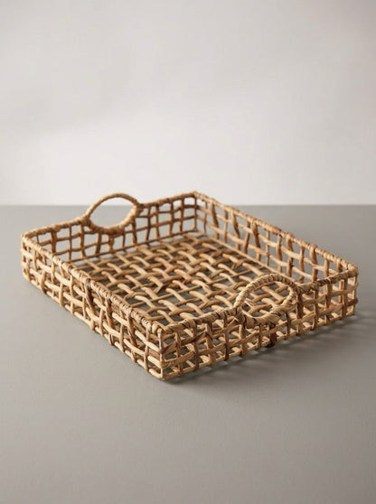 Handwoven Open-Grid Natural  Fiber Tray with Handles, 15″ × 13″