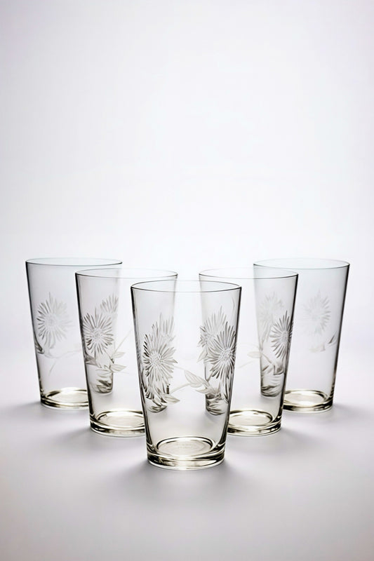 Vintage etched shot glass with frosted floral design mid century modern 