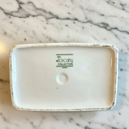 White ceramic rectangular dish from the Tuscany Collection, made in Japan, featuring a rustic design.