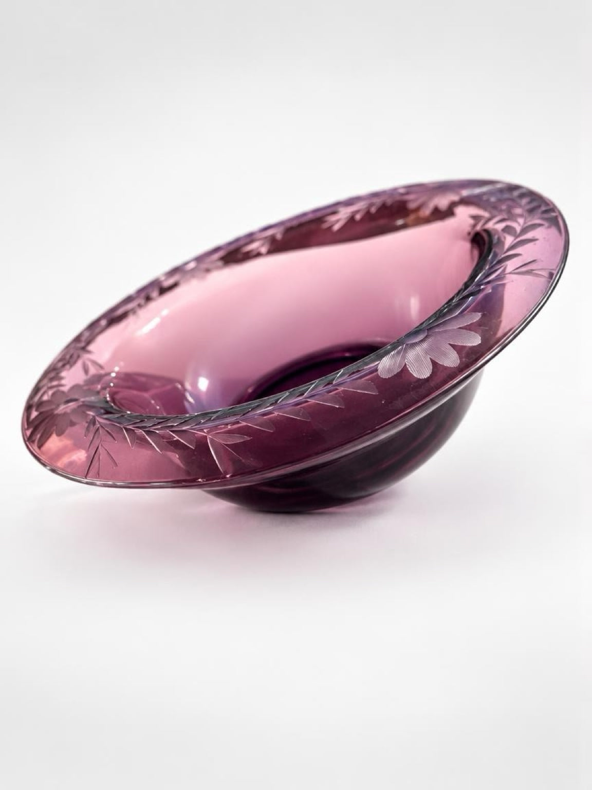 Vintage Amethyst Glass Console Bowl with Etched Floral Rim