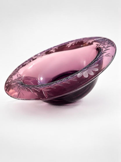 Vintage Amethyst Glass Console Bowl with Etched Floral Rim