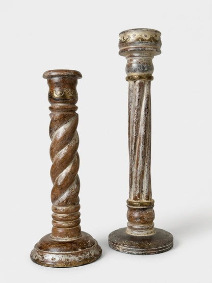 Vintage Barley Twist Wood Candlesticks with Brass Details, Set of Two