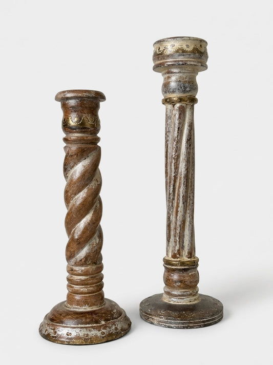 Vintage Barley Twist Wood Candlesticks with Brass Details, Set of Two