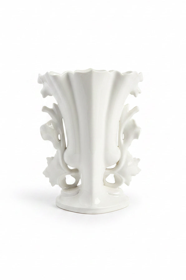 19th-century Rococo Revival porcelain vase, southern Germany c.1880 — back view showing high-relief acanthus leaf scrollwork and flared lip on white porcelain body
