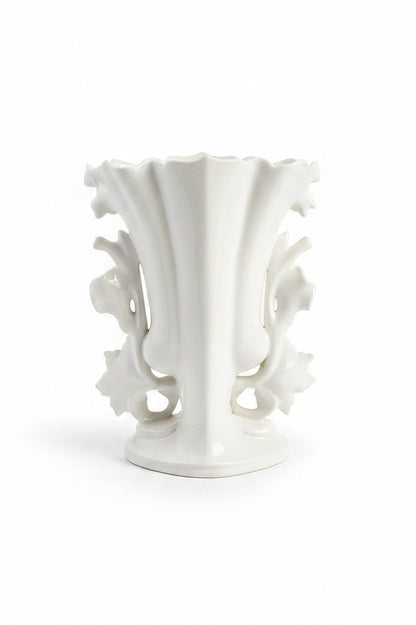 19th-century Rococo Revival porcelain vase, southern Germany c.1880 — back view showing high-relief acanthus leaf scrollwork and flared lip on white porcelain body
