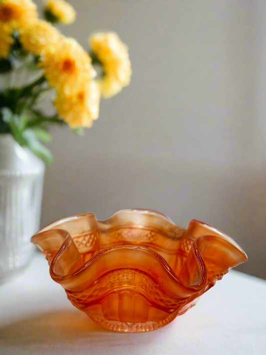 Marigold Carnival Glass Bowl – Vintage Ruffled-Edge Centerpiece