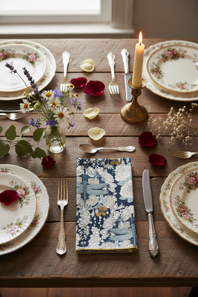 Single Dragonflies at Twilight napkin folded at a romantic place setting with vintage floral china, silver cutlery, rose petals, wildflowers, and a brass candlestick on a farmhouse table