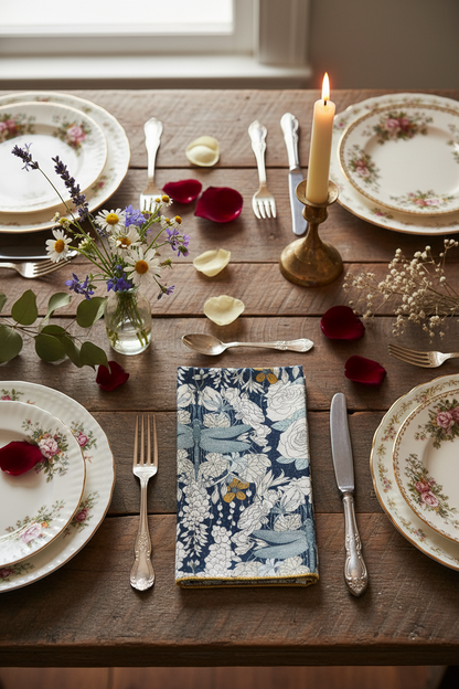 Single Dragonflies at Twilight napkin folded at a romantic place setting with vintage floral china, silver cutlery, rose petals, wildflowers, and a brass candlestick on a farmhouse table