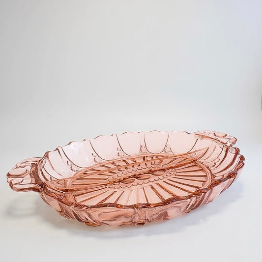 Vintage Pink Depression Glass Oval Serving Dish – Scalloped Edge with Handle, 1930s Floral Motif