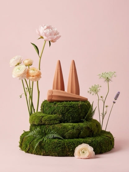 Featuring Natural Terracotta Slow-Drip Watering Spikes Three-tiered moss cake with bunny ears and flowers on a pink background