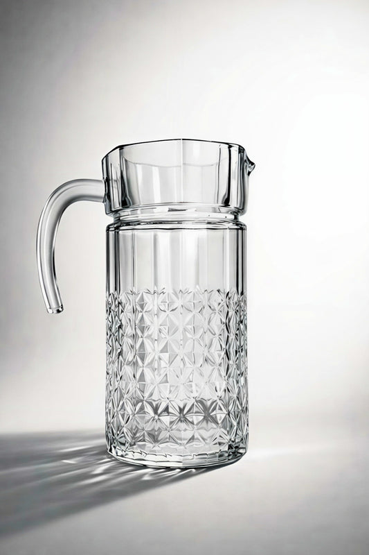 Clear glass pitcher with diamond pattern on a light gray background