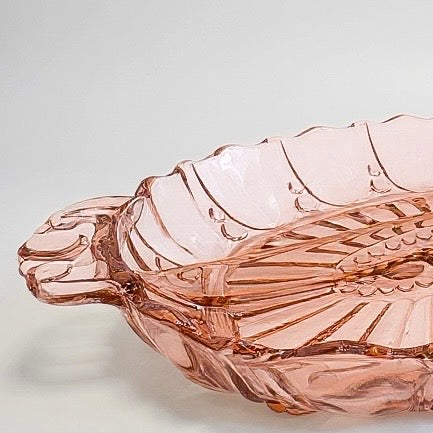 Vintage Pink Depression Glass Oval Serving Dish – Scalloped Edge with Handle, 1930s Floral Motif