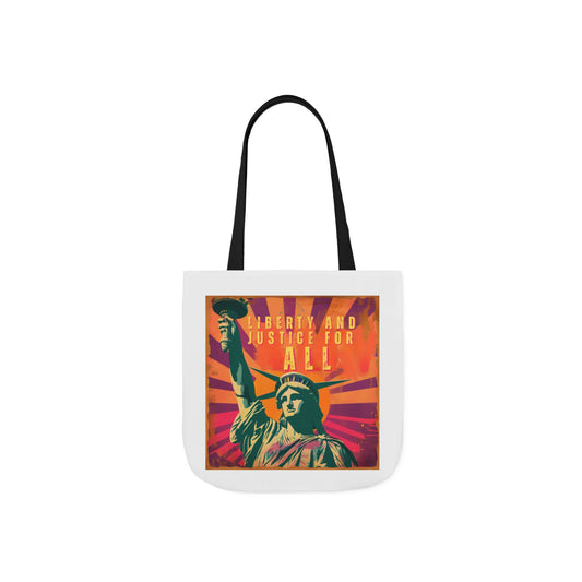 Stylish white tote bag featuring a pop art design of the Statue of Liberty with 'Liberty and Justice for All' text.