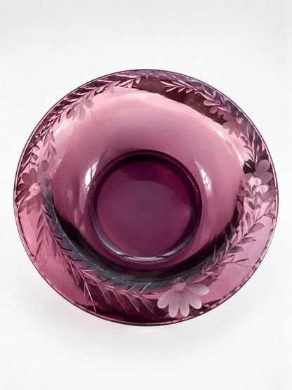 Vintage Amethyst Glass Console Bowl with Etched Floral Rim