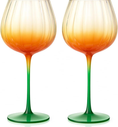 Pumpkin Wine Glasses Set of 2 | Fall Borosilicate Stemware Orange & Green | Khen