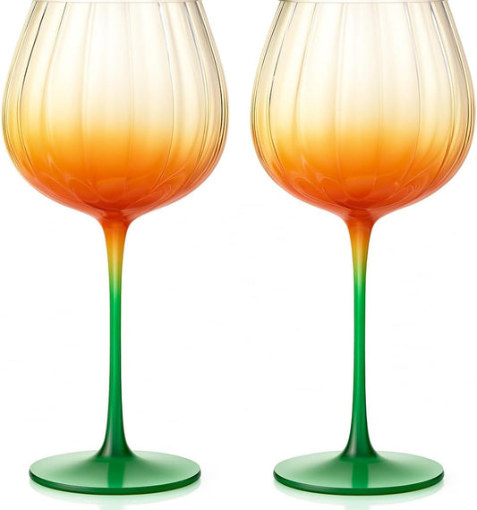 Pumpkin Wine Glasses Set of 2 | Fall Borosilicate Stemware Orange & Green | Khen