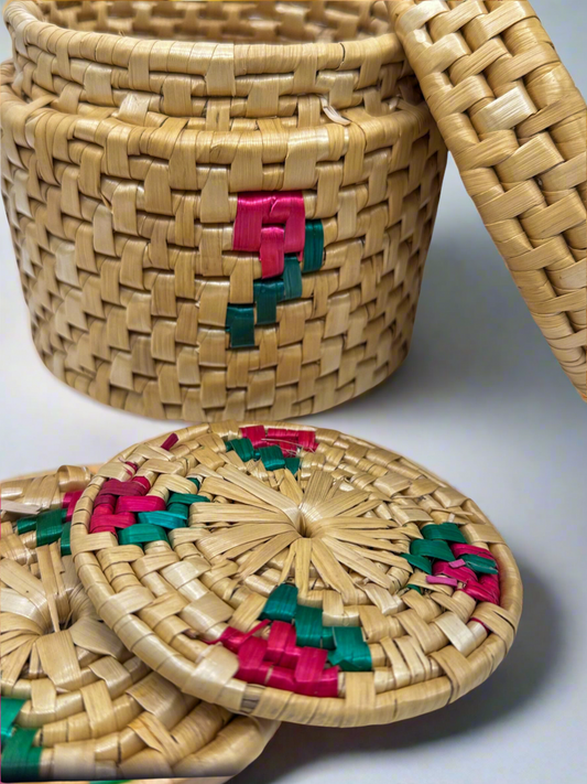 Handwoven Heritage: Straw Coaster Set with Lidded Basket
