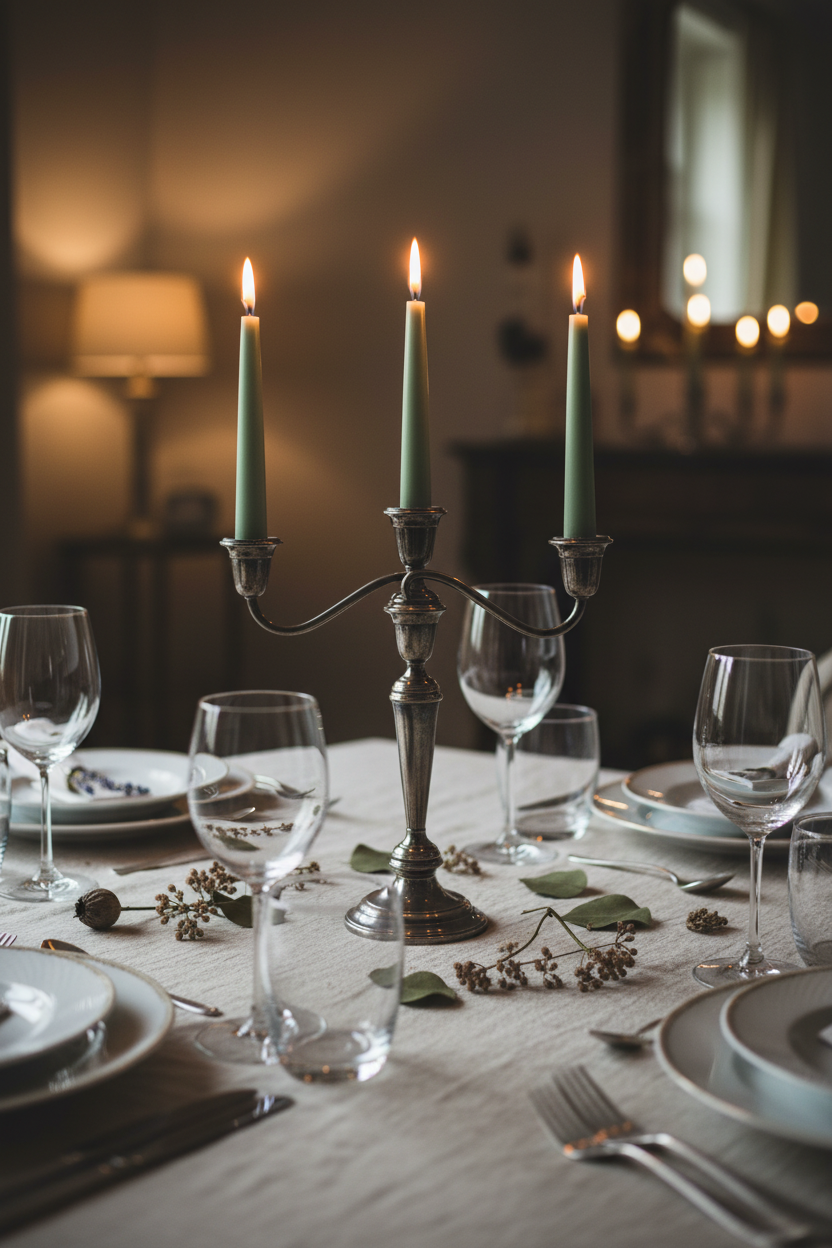  Gorham Newport silverplate convertible candelabra styled as 3-light candelabra on dark moody surface with tall taper candles, vintage silver patina contrasting against deep jewel-tone backdrop in dark academia maximalist interior vignette
