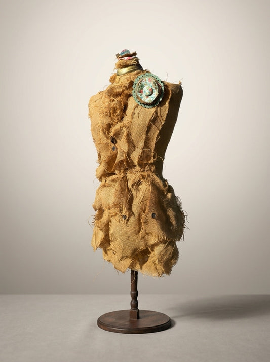 Angled view of burlap dress form sculpture showing floral shoulder rosette, button accents, and layered fabric skirt.