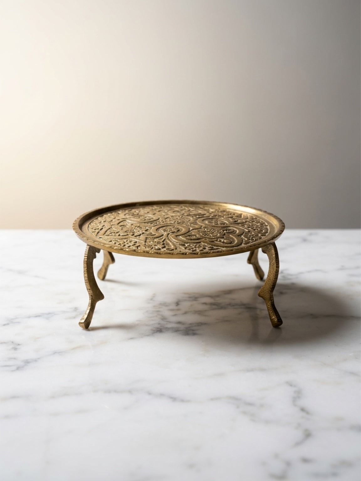 Vintage Miniature Embossed Brass Footed Stand | Mid-Century Indian Display Riser & Trivet
