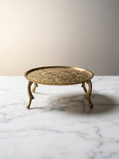 Vintage Miniature Embossed Brass Footed Stand | Mid-Century Indian Display Riser & Trivet