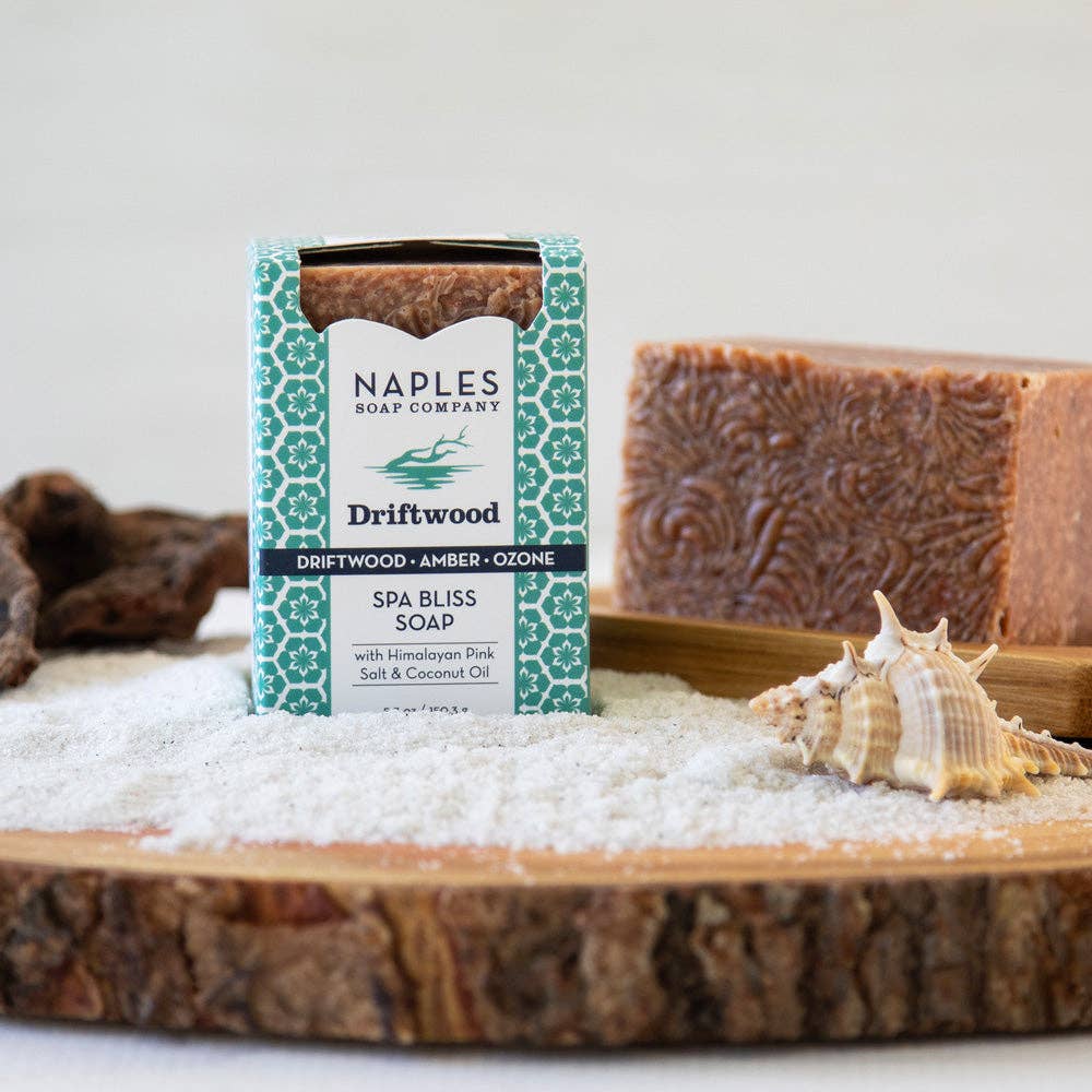 Driftwood Spa Bliss Soap with Himalayan Pink Salt, coconut oil, featuring earthy tones and intricate design.